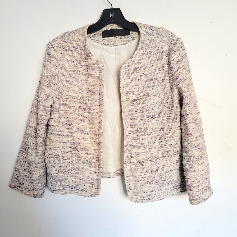 Jenni Kayne Cotton Silk Cropped Blazer Tweed Zipper Pocket Open Front Jacket XS